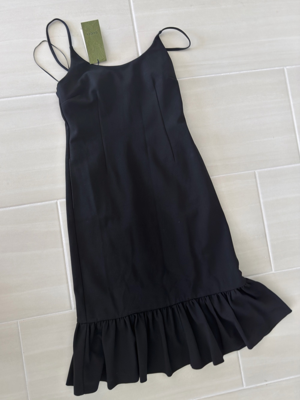 Gucci Black Spaghetti Strap Ruffle Hem Dress
